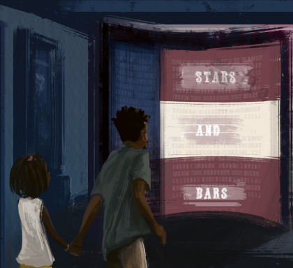 A Black father and daughter walk hand in hand towards a sign that says Stars and Bars on a red, white, and blue flag.